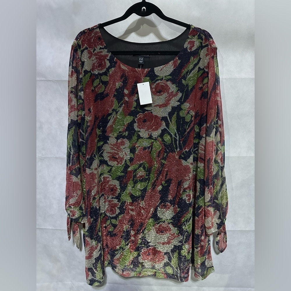 Susan Graver Occasions Women Top Plus 3X Metallic Colorful Floral Tie Sleeve NEW
